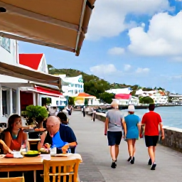 Caribbean Holidays, Saint Barth Walking, A friendly outdoor caf&eacute; in Gustavia on Saint Barth&eacute;lemy, walkers enjoying lunch with colourful buildings and harbour scenery