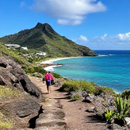 Caribbean Holidays, Saint Barth Walking, A panoramic coastal walking trail on Saint Barth&eacute;lemy with turquoise sea, rugged green hills and a clear Caribbean sky