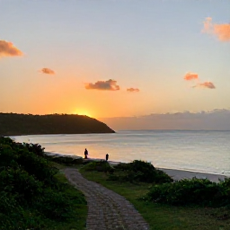 Caribbean Holidays, Saint Barth Walking, A tranquil sunset over a Saint Barth&eacute;lemy beach after a day of walking, warm sky, calm sea and a path in the foreground