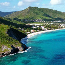 Caribbean Holidays, Saint Barthelemy Adventures, Aerial view of Saint Barthelemy's turquoise bays, green hills and rugged coastline in warm June sunshine