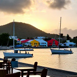 Caribbean Holidays, Saint Barthelemy Adventures, Colourful Gustavia harbour at sunset with boats, waterfront restaurants and Saint Barthelemy hills
