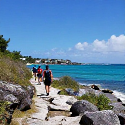Caribbean Holidays, Saint Barthelemy Adventures, Hikers following a rugged coastal path above turquoise sea on Saint Barthelemy under a blue sky