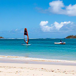 Caribbean Holidays, Saint Barthelemy Adventures, Wind surfer and small sailing boats on blue water near a sandy Saint Barthelemy beach