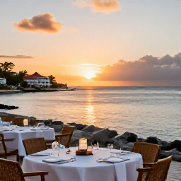 Caribbean Holidays, Saint Barth&eacute;lemy Beaches, Elegant waterfront restaurant and sunset over the Caribbean coast of Saint Barth&eacute;lemy
