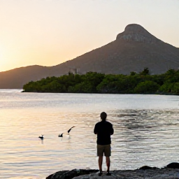 Caribbean Holidays, Saint Barthelemy Birdwatching, Birdwatcher looking across a calm Saint Barthelemy lagoon at sunrise, with seabirds, mangroves and rugged hills