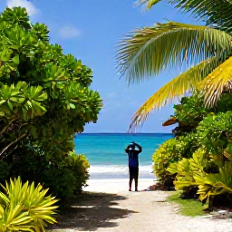 Caribbean Holidays, Saint Barthelemy Birdwatching, Quiet coastal reserve on Saint Barthelemy in March, with tropical vegetation, bright blue sea and a birder using binoculars
