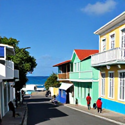 Caribbean Holidays, Saint Barth&eacute;lemy Culture, Colourful traditional Saint Barth&eacute;lemy culture in a sunny Gustavia street, with local people, island architecture and the Caribbean sea nearby