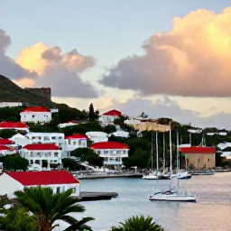 Caribbean Holidays, Saint Barth&eacute;lemy Culture, Gustavia harbour at sunset in September, showing red-roofed buildings, sailing boats, historic Swedish architecture and a relaxed waterfront atmosphere