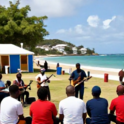 Caribbean Holidays, Saint Barth&eacute;lemy Culture, Local cultural life in Saint Barth&eacute;lemy during September, with musicians and residents gathered in a village setting near the Caribbean coast