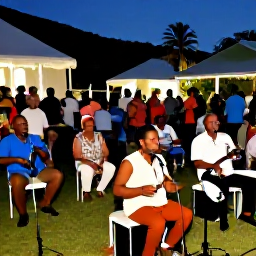 Caribbean Holidays, Saint Barthelemy Culture, Local musicians performing Caribbean music at an evening gathering in Saint Barth&eacute;lemy, with residents and visitors sharing a relaxed outdoor celebration
