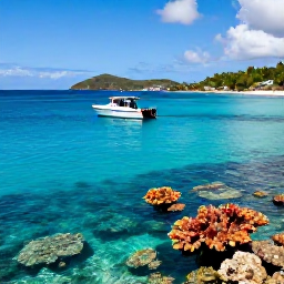 Caribbean Holidays, Saint Barth&eacute;lemy Diving, A clear Caribbean sea scene around Saint Barth&eacute;lemy, with a small dive boat above colourful reef and a sunny island coastline in the background