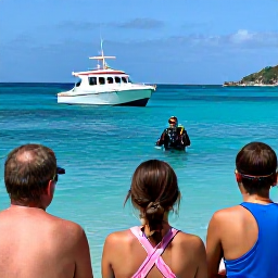 Caribbean Holidays, Saint Barth&eacute;lemy Diving, A friendly professional dive instructor briefing holidaymakers beside a dive boat in a sheltered bay on Saint Barth&eacute;lemy