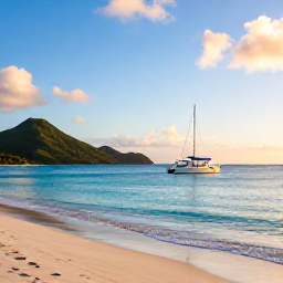 Caribbean Holidays, Saint Barth&eacute;lemy Diving, A peaceful Saint Barth&eacute;lemy beach at golden hour with a dive boat offshore, calm turquoise water and green hills beyond