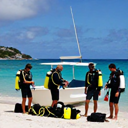 Caribbean Holidays, Saint Barthelemy Diving, Friendly scuba diving group preparing equipment beside a small boat on a beach in Saint Barthelemy