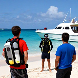 Caribbean Holidays, Saint Barth&eacute;lemy Diving, Friendly scuba diving instructor briefing visitors beside a boat on a sunny Saint Barth&eacute;lemy beach