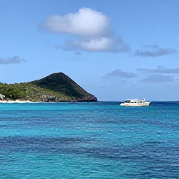 Caribbean Holidays, Saint Barth&eacute;lemy Diving, Small dive boat travelling across calm turquoise water towards Saint Barth&eacute;lemy&rsquo;s rugged coastline
