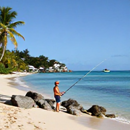 Caribbean Holidays, Saint Barthelemy Fishing, A relaxed angler casting from rocks beside a quiet sandy cove on Saint Barthelemy, with palm trees and calm blue water