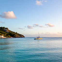 Caribbean Holidays, Saint Barthelemy Fishing, A small fishing boat heading out at sunrise on clear Caribbean water beside the coast of Saint Barth&eacute;lemy