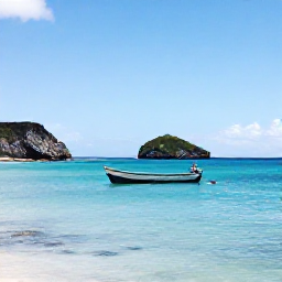 Caribbean Holidays, Saint Barthelemy Fishing, A small fishing boat on clear turquoise water off the coast of Saint Barthelemy, with rocky islands and bright Caribbean sunlight