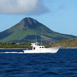 Caribbean Holidays, Saint Barthelemy Fishing, Anglers fishing from a charter boat in deep blue water near Saint Barth&eacute;lemy, with rugged green coastline in the background
