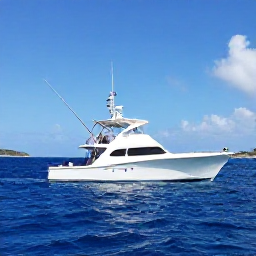 Caribbean Holidays, Saint Barthelemy Fishing, Anglers fishing from a modern charter boat in deep blue Caribbean water near Saint Barthelemy, with rods ready and a sunny island horizon