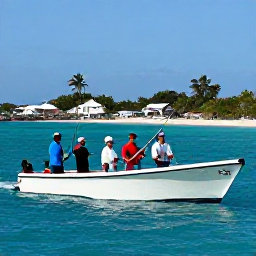 Caribbean Holidays, Saint Barthelemy Fishing, Friendly fishing charter crew and holidaymakers holding rods on a bright Caribbean boat near Saint Barthelemy