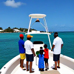 Caribbean Holidays, Saint Barthelemy Fishing, Friendly fishing guide helping a family and friends on a bright charter boat off Saint Barth&eacute;lemy