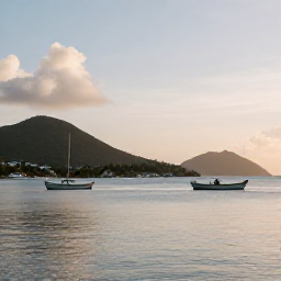 Caribbean Holidays, Saint Barthelemy Fishing, Quiet Saint Barthelemy harbour and fishing boats beneath soft afternoon light, with island hills in the background