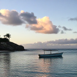 Caribbean Holidays, Saint Barthelemy Fishing, Small fishing boat on calm turquoise water off Saint Barthelemy at sunrise, with rocky coastline and tropical sky