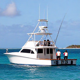 Caribbean Holidays, Saint Barthelemy Fishing, Sport fishing boat with local crew preparing rods in the clear blue sea near Saint Barthelemy