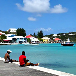 Caribbean Holidays, Saint Barthelemy Fishing, Visitors relaxing beside a harbour in Gustavia, Saint Barth&eacute;lemy, with fishing boats, colourful buildings and turquoise sea