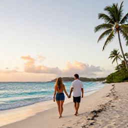 Caribbean Holidays, Saint Barthelemy Honeymoons, Couple walking hand in hand along a quiet white-sand beach in Saint Barth&eacute;lemy at sunset, turquoise Caribbean sea and palm trees