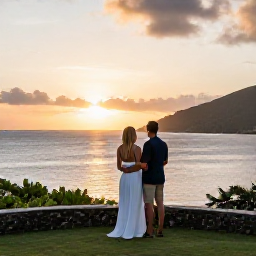 Caribbean Holidays, Saint Barthelemy Honeymoons, Newlywed couple watching sunset from a secluded terrace overlooking the Caribbean Sea on Saint Barth&eacute;lemy