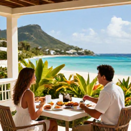 Caribbean Holidays, Saint Barthelemy Honeymoons, Romantic hotel terrace in Saint Barth&eacute;lemy with a couple enjoying breakfast, tropical plants and panoramic sea view