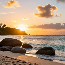Caribbean Holidays, Saint Barthelemy Instagram Hotspots, A golden sunset over Shell Beach near Gustavia, with smooth rocks, calm turquoise sea and a relaxed Caribbean atmosphere