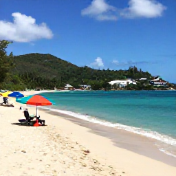 Caribbean Holidays, Saint Barthelemy Instagram Hotspots, A stylish beach scene at St Jean Beach in Saint Barthelemy with turquoise water, sandy shore, colourful umbrellas and green hills