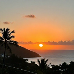 Caribbean Holidays, Saint Barth&eacute;lemy Instagram, Sunset over Saint Barth&eacute;lemy coastline from a hilltop viewpoint, orange sky, ocean and silhouetted palm trees