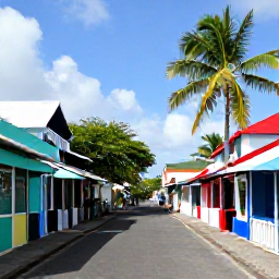 Caribbean Holidays, Saint Barth&eacute;lemy June, Colourful Saint Barth&eacute;lemy street scene in June with local shops, palm trees and bright Caribbean light