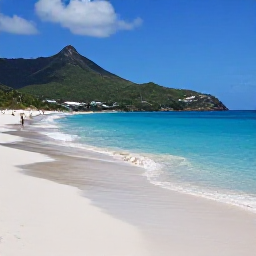 Caribbean Holidays, Saint Barth&eacute;lemy June, Quiet Caribbean beach on Saint Barth&eacute;lemy in June with clear water, green hills and a few visitors enjoying the shore