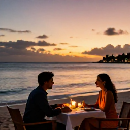 Caribbean Holidays, Saint Barthelemy Luxury, A couple enjoying a sunset dinner at an elegant beachfront restaurant in Saint Barthelemy, with candles and the Caribbean Sea behind them