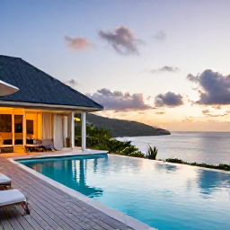 Caribbean Holidays, Saint Barthelemy Luxury, A private luxury villa terrace with infinity pool overlooking a secluded beach in Saint Barthelemy at sunset