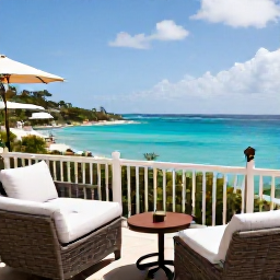 Caribbean Holidays, Saint Barthelemy Luxury, Elegant luxury hotel terrace overlooking a turquoise Caribbean bay in Saint Barthelemy, June sunshine