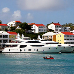 Caribbean Holidays, Saint Barthelemy Luxury, Gustavia harbour in Saint Barthelemy with elegant yachts, colourful buildings and visitors enjoying a sunny July afternoon
