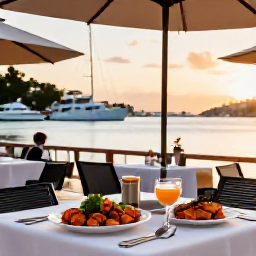 Caribbean Holidays, Saint Barthelemy Luxury, Stylish outdoor restaurant in Gustavia, Saint Barthelemy, serving fresh seafood at sunset with yachts in the harbour