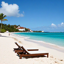 Caribbean Holidays, Saint Barthelemy Luxury, White sandy beach and clear shallow water at Anse des Flamands in Saint Barthelemy, with a luxury sun lounger setup