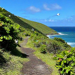 Caribbean Holidays, Saint Barth&eacute;lemy Nature, A green hillside trail overlooking Saint Barth&eacute;lemy's coastline, with native plants, seabirds and a hiker in the distance