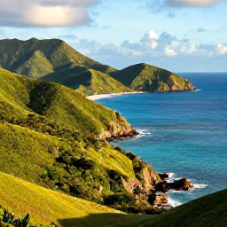 Caribbean Holidays, Saint Barth&eacute;lemy Nature, A panoramic view of Saint Barth&eacute;lemy's green hills, rugged coastline and bright blue Caribbean Sea in natural morning light