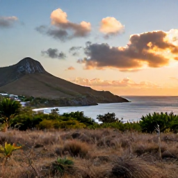 Caribbean Holidays, Saint Barthelemy Nature, A peaceful Saint Barthelemy nature scene at sunset, with dry tropical vegetation, rocky hills and the Caribbean sea