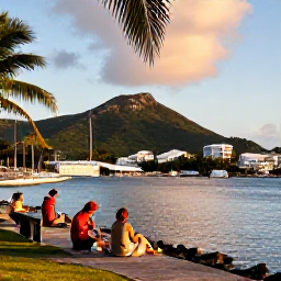 Caribbean Holidays, Saint Barthelemy Nature, A relaxed evening in Gustavia on Saint Barthelemy, with visitors beside the harbour, warm light and green hills beyond