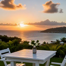 Caribbean Holidays, Saint Barth&eacute;lemy Nature, A relaxed outdoor table overlooking a Caribbean sunset and the coastline of Saint Barth&eacute;lemy in April